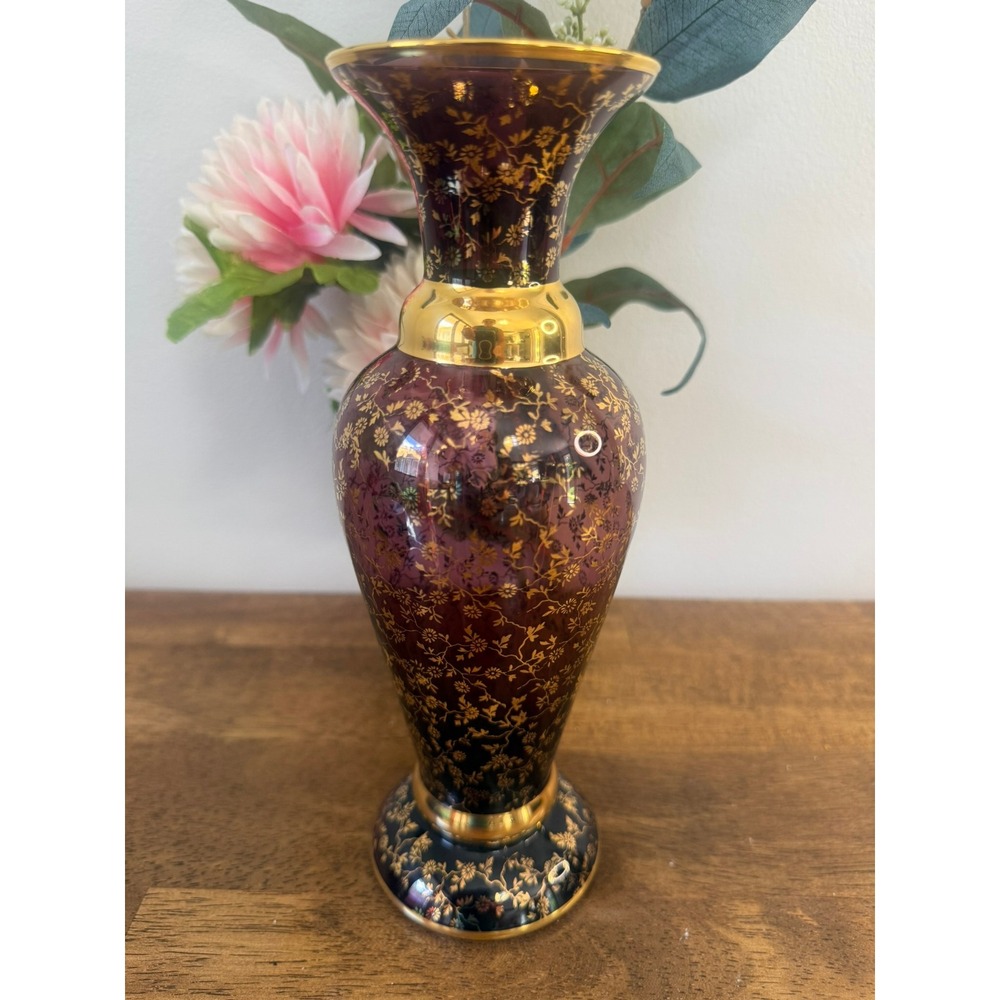 Vintage Amethyst Glass Gold Floral Vase‎ Bohemian Style Art Glass Retro Decor